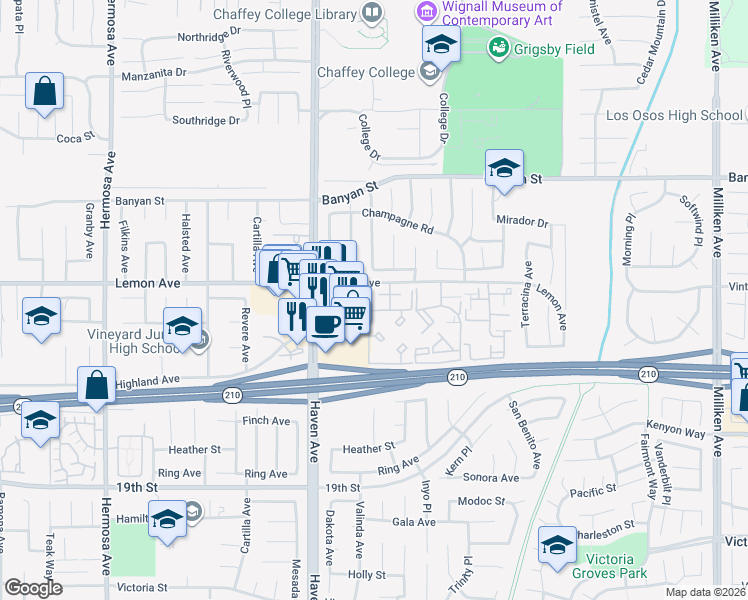 map of restaurants, bars, coffee shops, grocery stores, and more near 20655 Lemon Avenue in Rancho Cucamonga