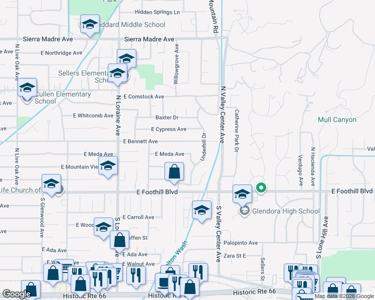 map of restaurants, bars, coffee shops, grocery stores, and more near 224 Encanto Drive in Glendora