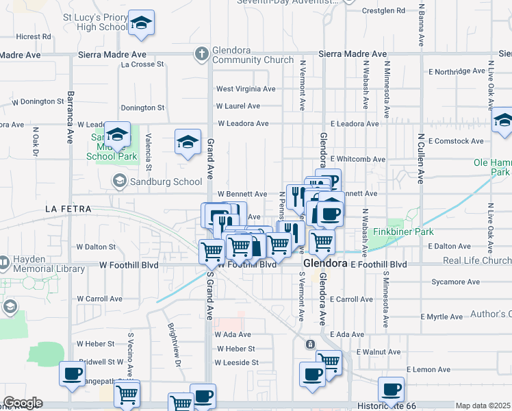 map of restaurants, bars, coffee shops, grocery stores, and more near 348 West Meda Avenue in Glendora