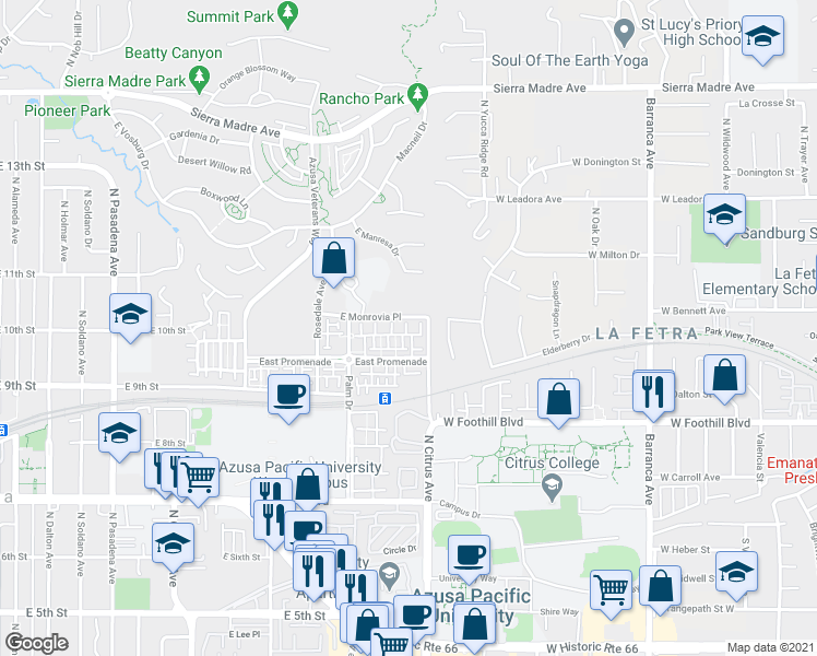 map of restaurants, bars, coffee shops, grocery stores, and more near 870c North Chaparral Lane in Azusa