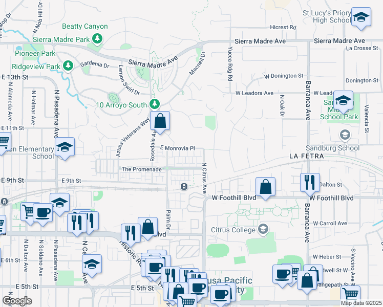 map of restaurants, bars, coffee shops, grocery stores, and more near 870c North Chaparral Lane in Azusa