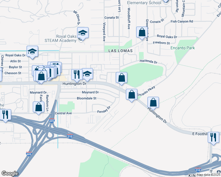 map of restaurants, bars, coffee shops, grocery stores, and more near 2639 Maynard Drive in Duarte