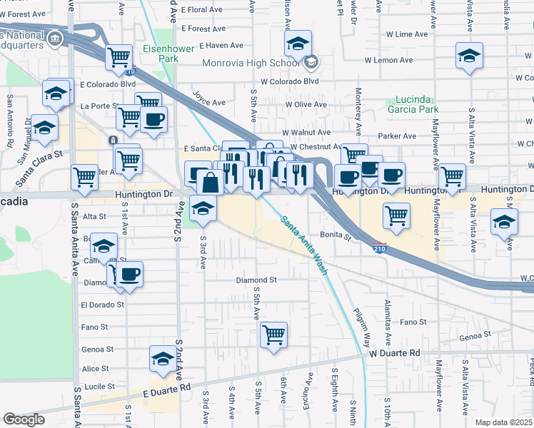 map of restaurants, bars, coffee shops, grocery stores, and more near 1212 Fifth Avenue in Monrovia