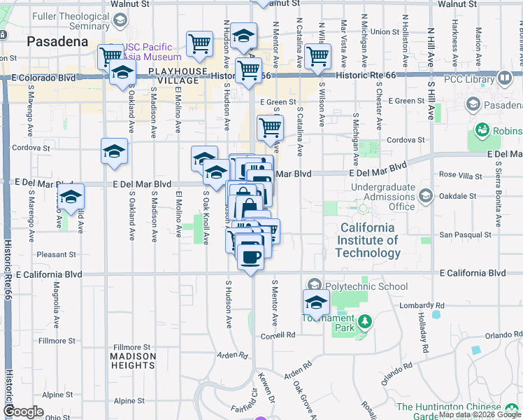 map of restaurants, bars, coffee shops, grocery stores, and more near 415 South Lake Avenue in Pasadena