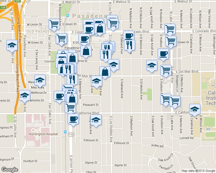 map of restaurants, bars, coffee shops, grocery stores, and more near 425 South Los Robles Avenue in Pasadena
