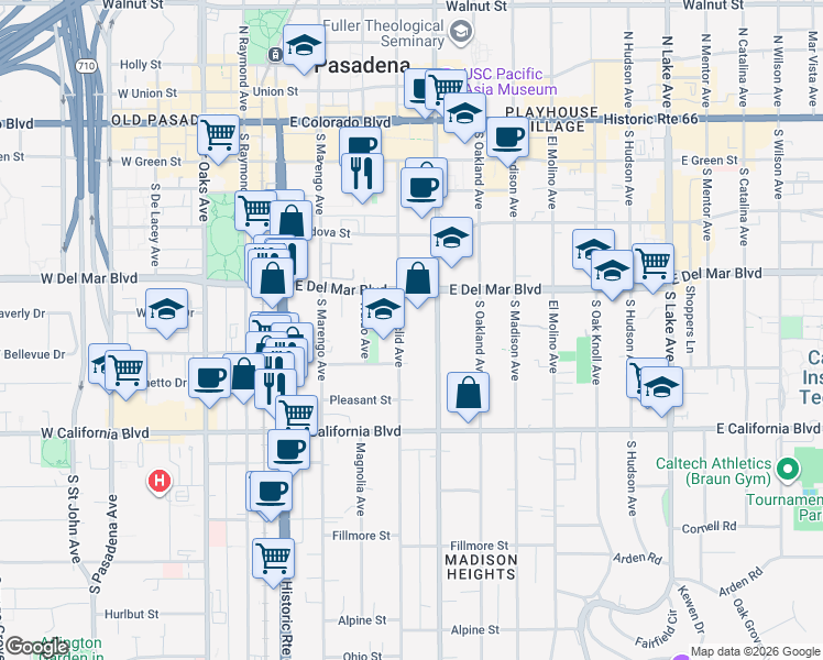map of restaurants, bars, coffee shops, grocery stores, and more near 415 South Euclid Avenue in Pasadena
