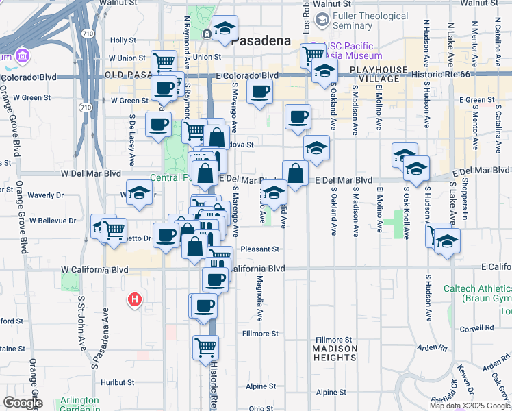 map of restaurants, bars, coffee shops, grocery stores, and more near 427 Waldo Avenue in Pasadena