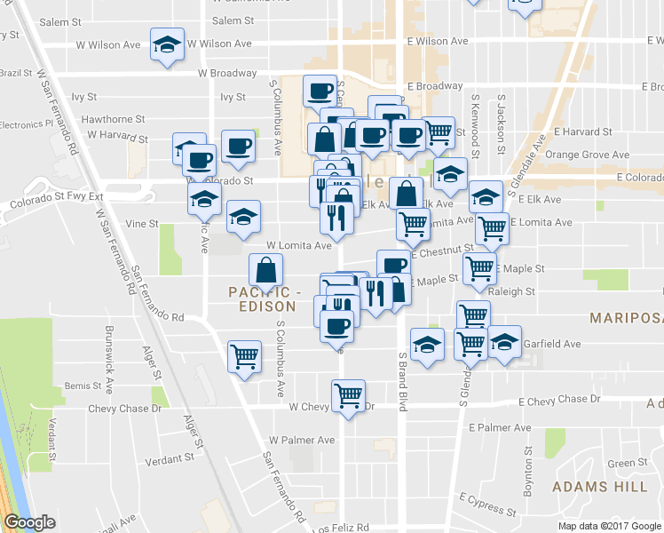 map of restaurants, bars, coffee shops, grocery stores, and more near 324 Riverdale Drive in Glendale