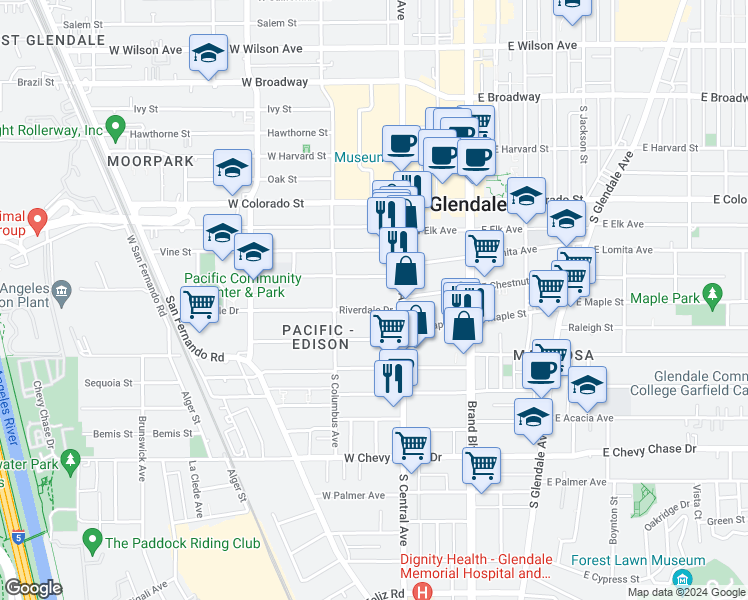 map of restaurants, bars, coffee shops, grocery stores, and more near 324 Riverdale Drive in Glendale