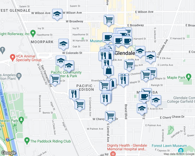 map of restaurants, bars, coffee shops, grocery stores, and more near 346 Riverdale Drive in Glendale