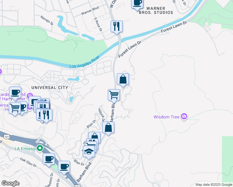 map of restaurants, bars, coffee shops, grocery stores, and more near 3636 Barham Boulevard in Los Angeles