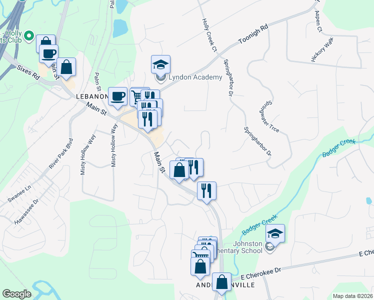 map of restaurants, bars, coffee shops, grocery stores, and more near 430 Red Coat Lane in Woodstock