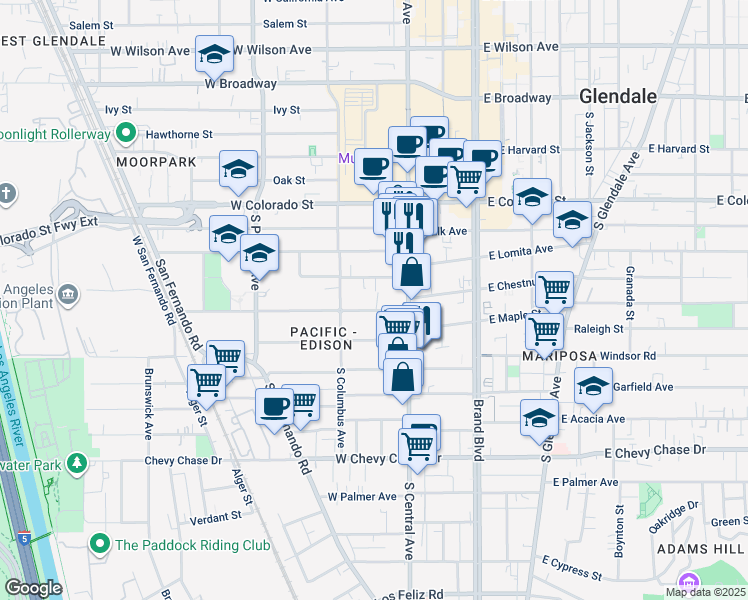 map of restaurants, bars, coffee shops, grocery stores, and more near 346 Riverdale Drive in Glendale