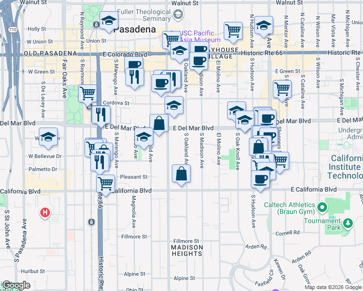 map of restaurants, bars, coffee shops, grocery stores, and more near 395 South Oakland Avenue in Pasadena