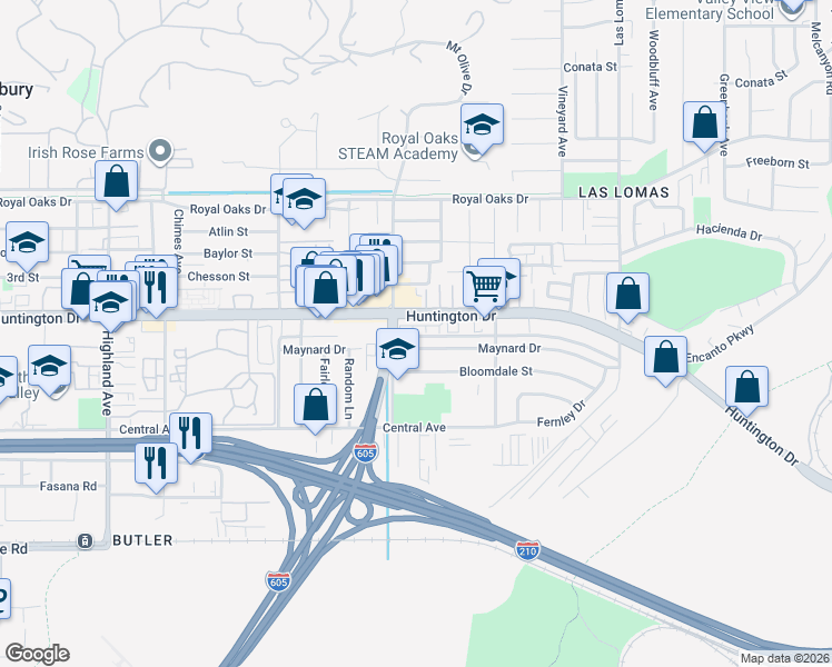 map of restaurants, bars, coffee shops, grocery stores, and more near 1232 Mission Place in Duarte