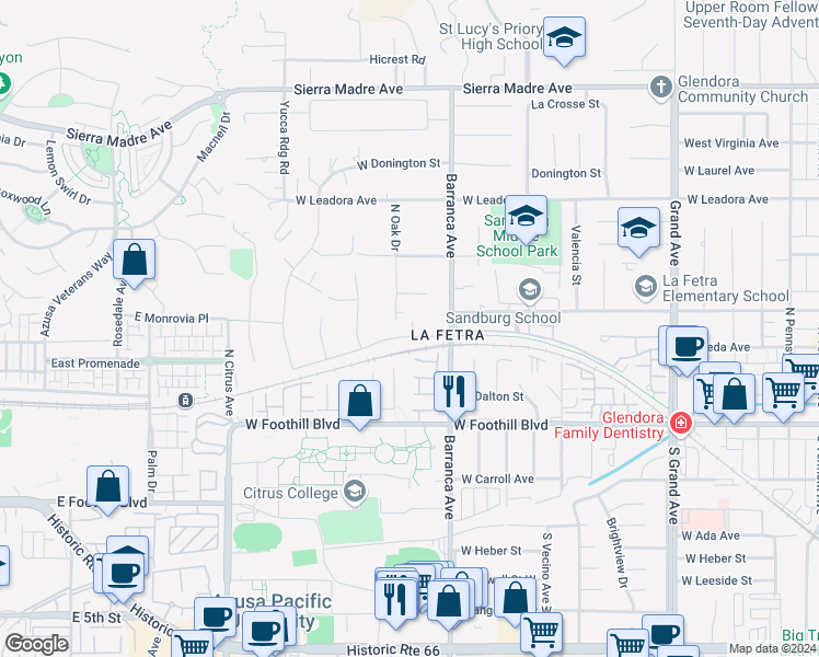 map of restaurants, bars, coffee shops, grocery stores, and more near 259 Seville Court in Glendora