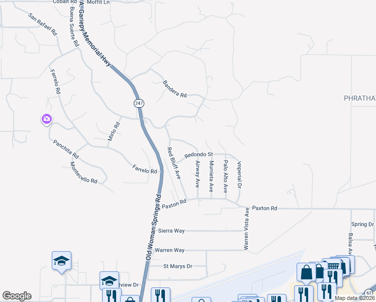 map of restaurants, bars, coffee shops, grocery stores, and more near 57490 Redondo Street in Yucca Valley
