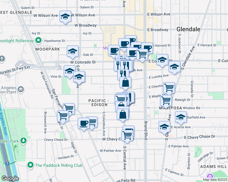 map of restaurants, bars, coffee shops, grocery stores, and more near 333 Riverdale Drive in Glendale