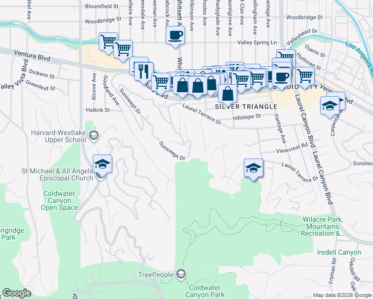 map of restaurants, bars, coffee shops, grocery stores, and more near 3646 Sunswept Drive in Los Angeles