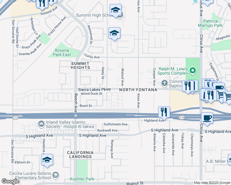 map of restaurants, bars, coffee shops, grocery stores, and more near 15508 Asana Way in Fontana