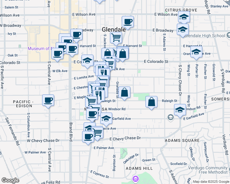 map of restaurants, bars, coffee shops, grocery stores, and more near 537 East Maple Street in Glendale
