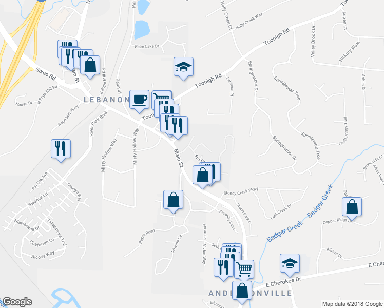 map of restaurants, bars, coffee shops, grocery stores, and more near 210 Fox Creek Boulevard in Woodstock
