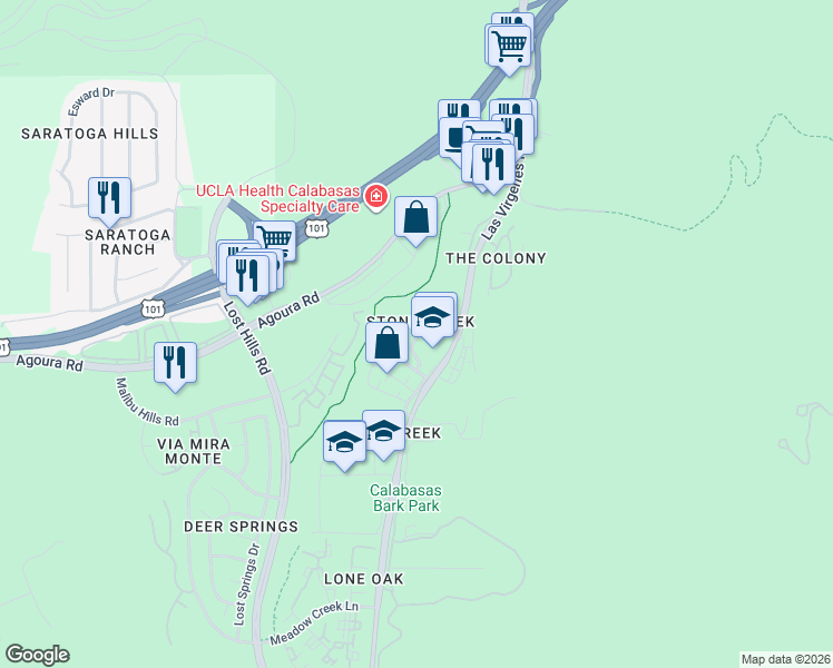 map of restaurants, bars, coffee shops, grocery stores, and more near 4355 Oak Glen Street in Calabasas