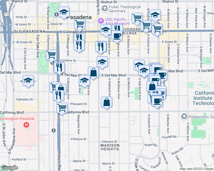 map of restaurants, bars, coffee shops, grocery stores, and more near 395 South Oakland Avenue in Pasadena