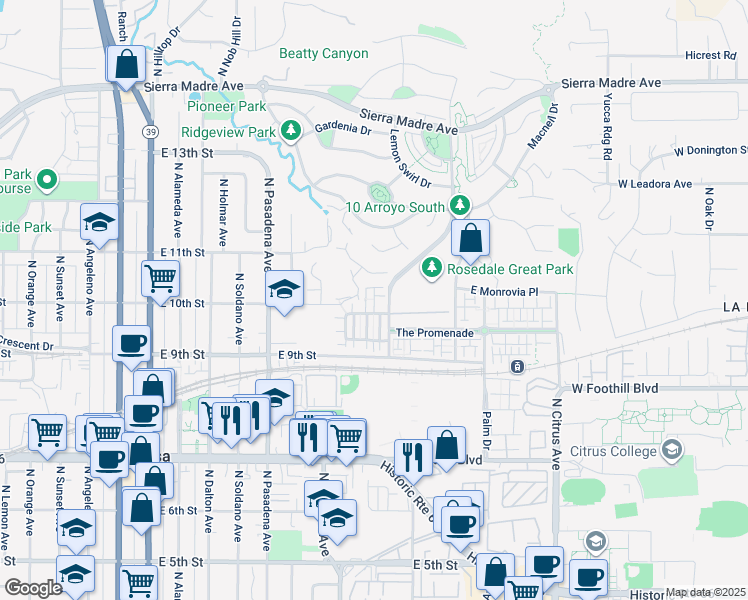 map of restaurants, bars, coffee shops, grocery stores, and more near 953 North Cornejo Way in Azusa