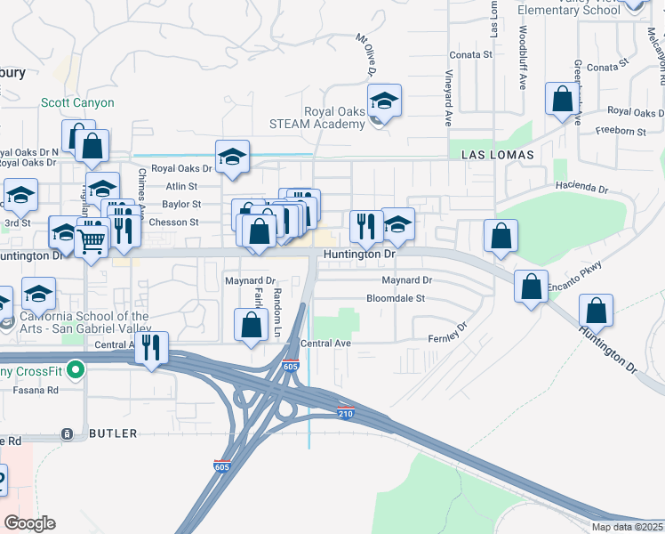 map of restaurants, bars, coffee shops, grocery stores, and more near 1232 Mission Place in Duarte