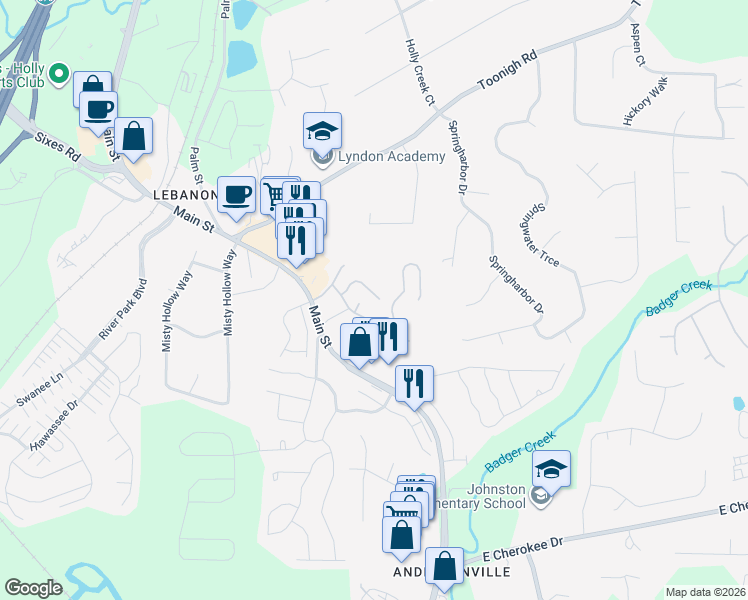 map of restaurants, bars, coffee shops, grocery stores, and more near 430 Red Coat Lane in Woodstock