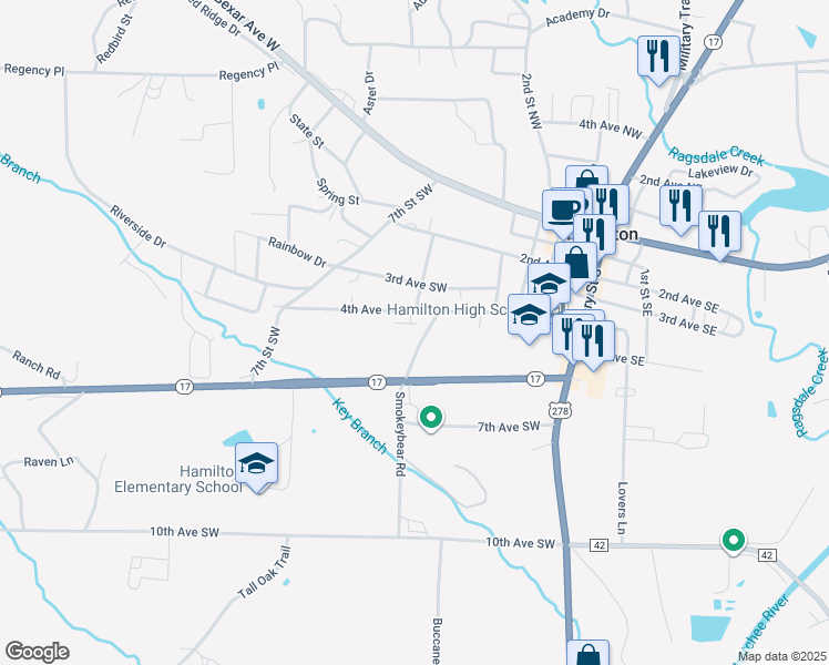 map of restaurants, bars, coffee shops, grocery stores, and more near 582 6th Street Southwest in Hamilton