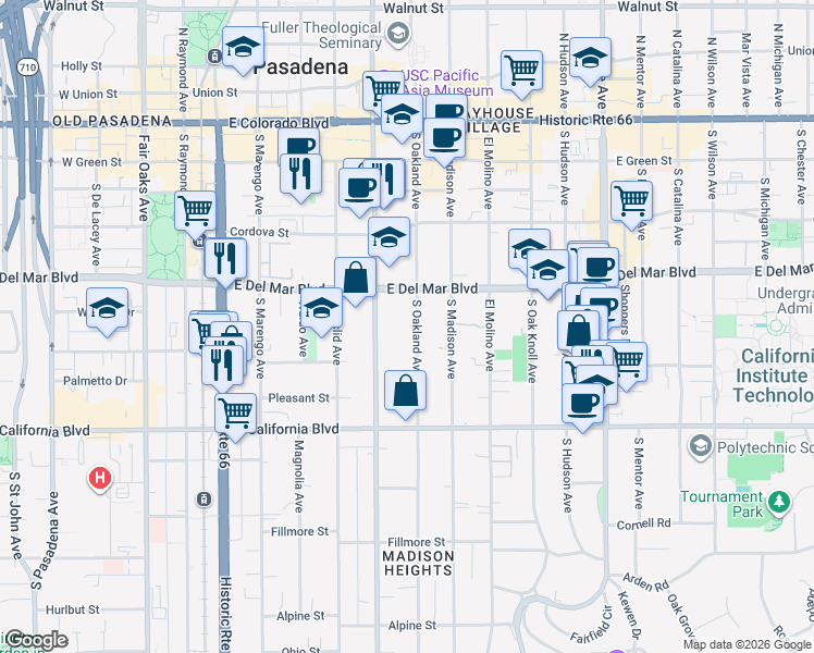 map of restaurants, bars, coffee shops, grocery stores, and more near 385 South Oakland Avenue in Pasadena