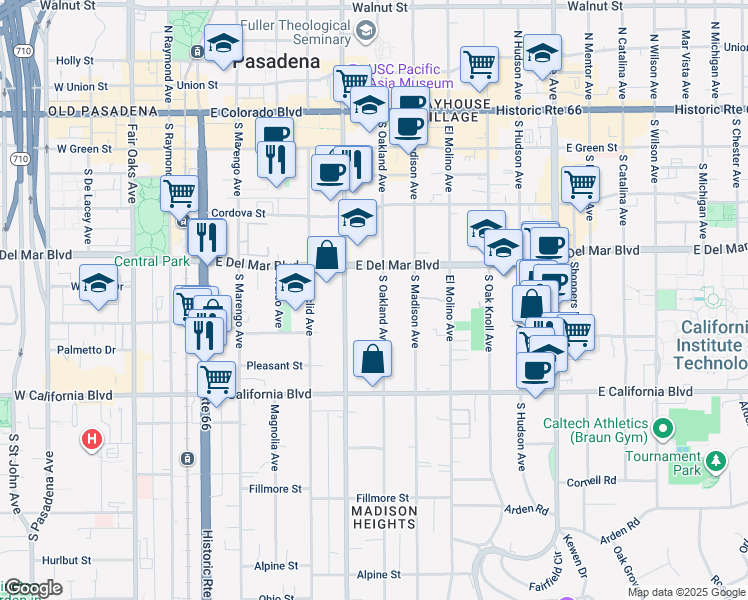 map of restaurants, bars, coffee shops, grocery stores, and more near 385 South Oakland Avenue in Pasadena