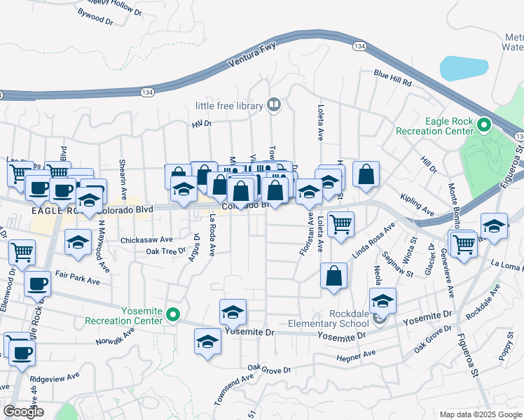 map of restaurants, bars, coffee shops, grocery stores, and more near 5033 Townsend Avenue in Los Angeles