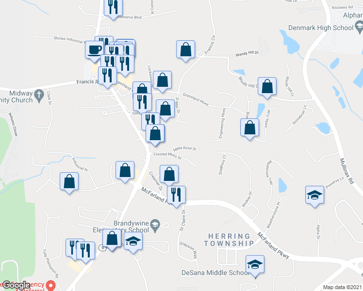 map of restaurants, bars, coffee shops, grocery stores, and more near 6105 Apple Rose Drive in Alpharetta
