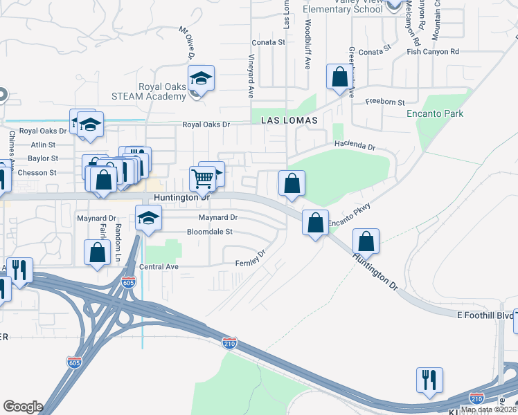 map of restaurants, bars, coffee shops, grocery stores, and more near 2639 Maynard Drive in Duarte