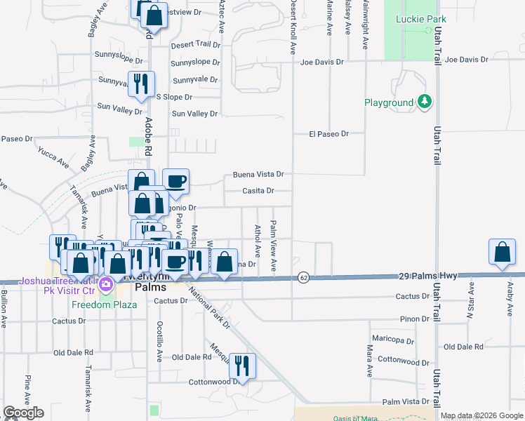 map of restaurants, bars, coffee shops, grocery stores, and more near 6363 Athol Avenue in Twentynine Palms