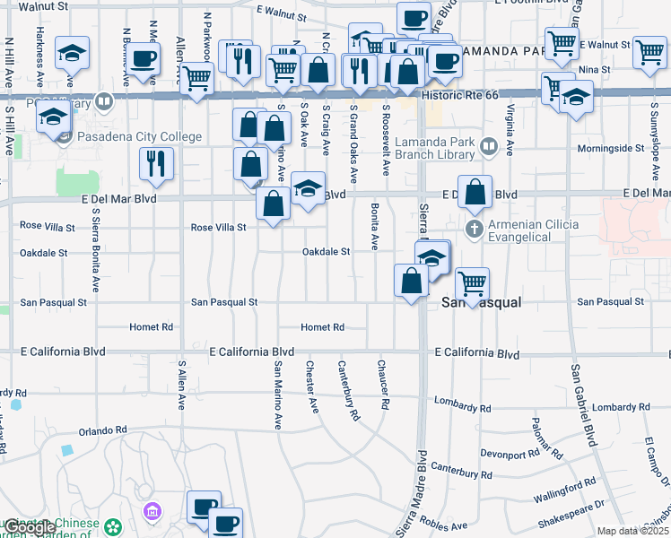 map of restaurants, bars, coffee shops, grocery stores, and more near 390 South Craig Avenue in Pasadena