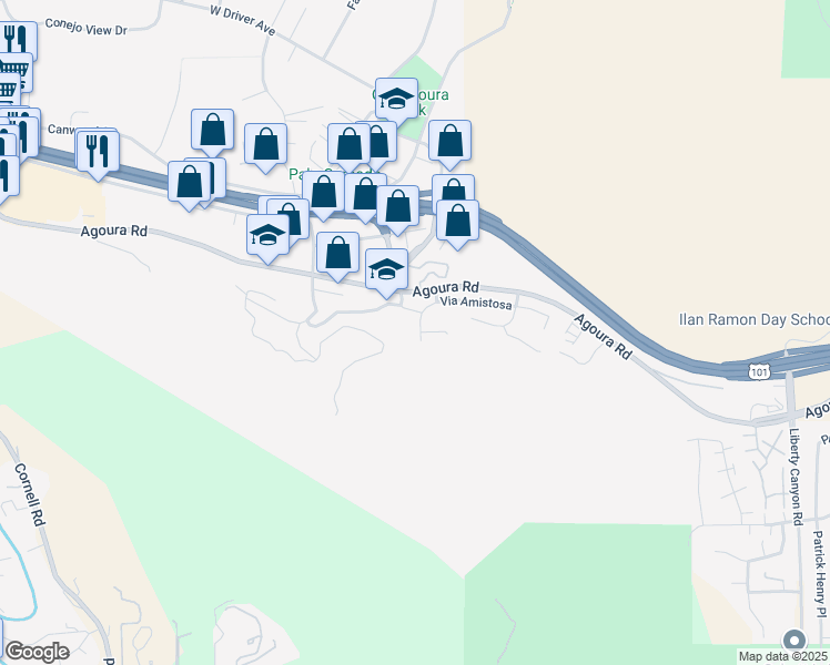 map of restaurants, bars, coffee shops, grocery stores, and more near 4911 Calle Robleda in Agoura Hills