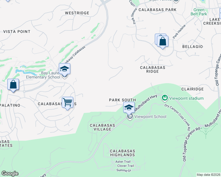 map of restaurants, bars, coffee shops, grocery stores, and more near 23593 Parksouth Street in Calabasas