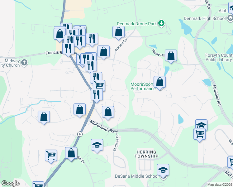map of restaurants, bars, coffee shops, grocery stores, and more near 6115 Apple Rose Drive in Alpharetta