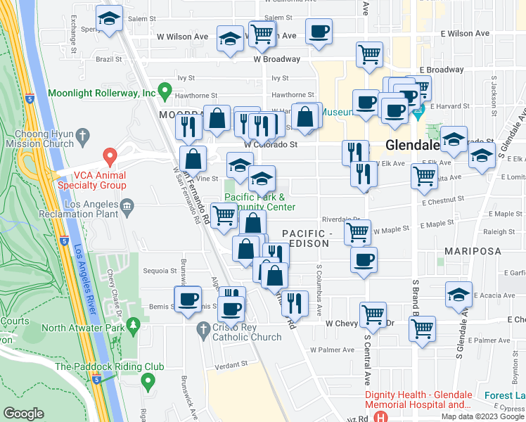 map of restaurants, bars, coffee shops, grocery stores, and more near 520 South Pacific Avenue in Glendale
