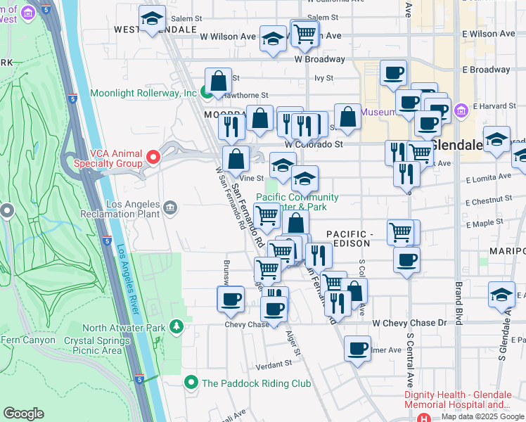 map of restaurants, bars, coffee shops, grocery stores, and more near 4742 San Fernando Rd in Glendale