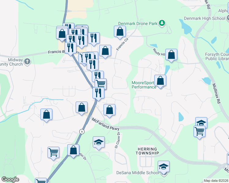 map of restaurants, bars, coffee shops, grocery stores, and more near 155 Creamer Way in Alpharetta