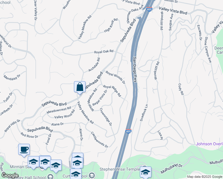 map of restaurants, bars, coffee shops, grocery stores, and more near 15674 Royal Ridge Road in Los Angeles