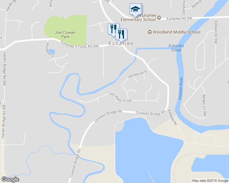 map of restaurants, bars, coffee shops, grocery stores, and more near 56 Lazy Water Drive Southwest in Cartersville
