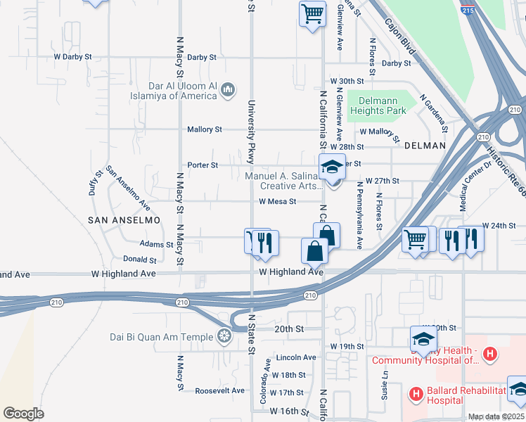 map of restaurants, bars, coffee shops, grocery stores, and more near 1980 Adams Street in Muscoy