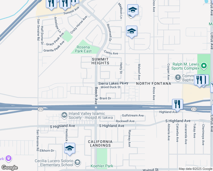 map of restaurants, bars, coffee shops, grocery stores, and more near 15368 Mallard Lane in Fontana