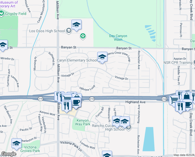 map of restaurants, bars, coffee shops, grocery stores, and more near 11603 Santiago Peak Court in Rancho Cucamonga